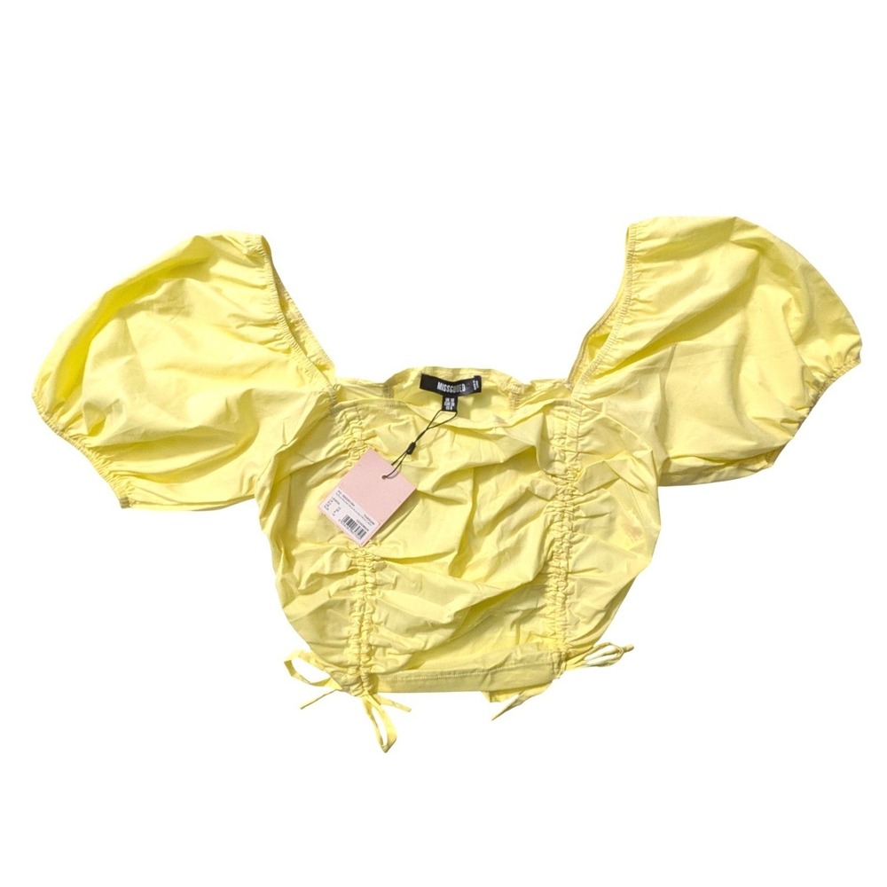Missguided Lemon Yellow Ruched Crop Top Puff Sleeve Poplin Cottagecore US Size 6